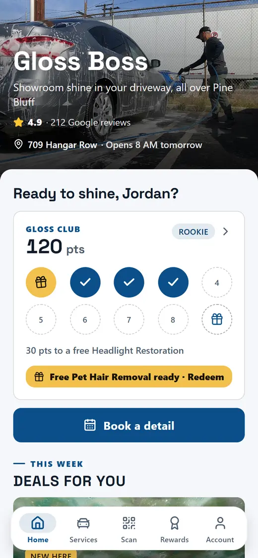 Example app home screen for a fictional detailing business: points, a reward ready to redeem and a “Book a detail” button
