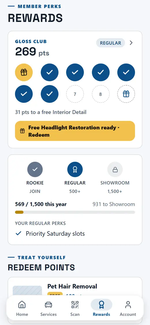 Example rewards screen: a points balance, member tiers and rewards to redeem