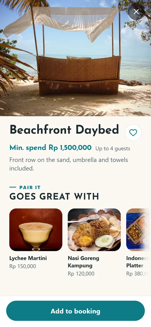 Example item screen for a fictional beach club: a daybed with its minimum spend and an “Add to booking” button