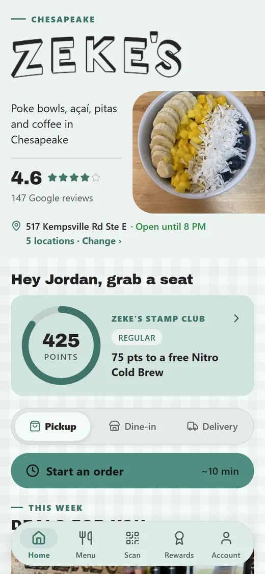 Zeke's app, home screen