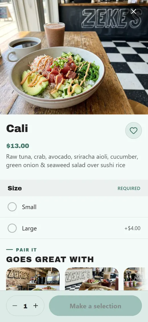 Zeke's app, a menu item screen