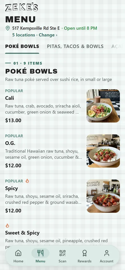 Zeke's app, menu screen