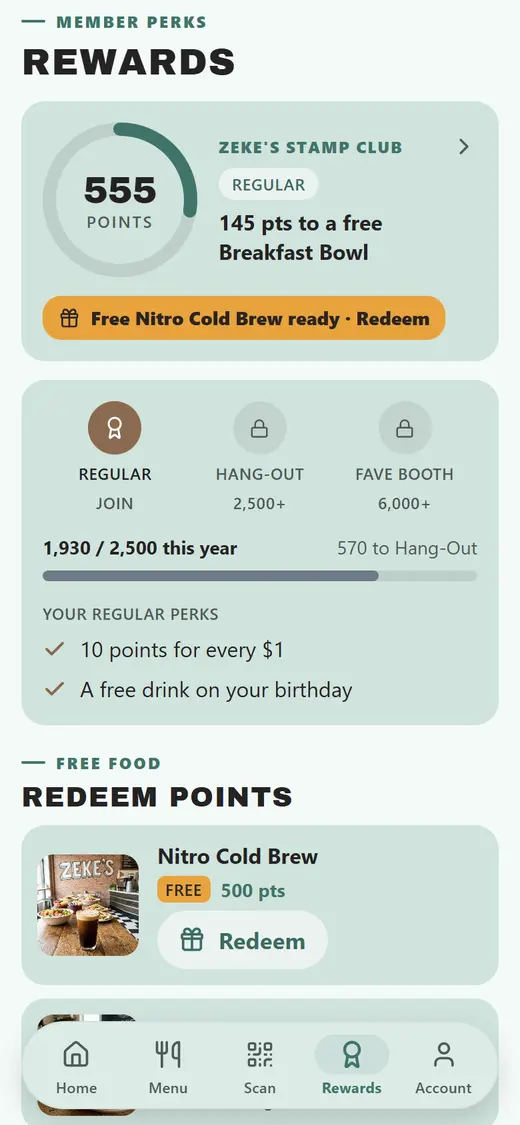 Zeke's app, rewards screen