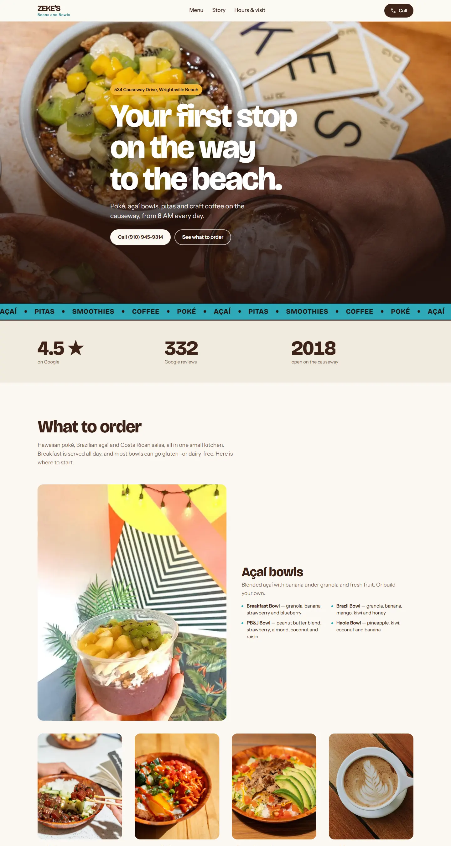 The finished website for Zeke's Beans and Bowls